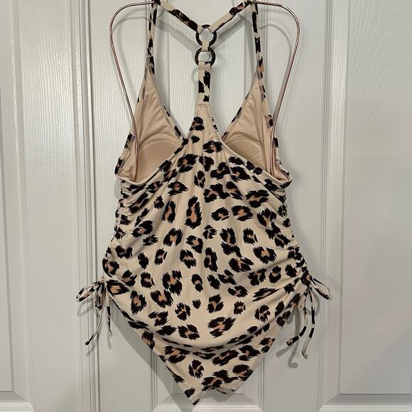 Kona Sol Leopard Print One Piece Swimsuit V-Neck Y-Back Rings Medium - Picture 5 of 13